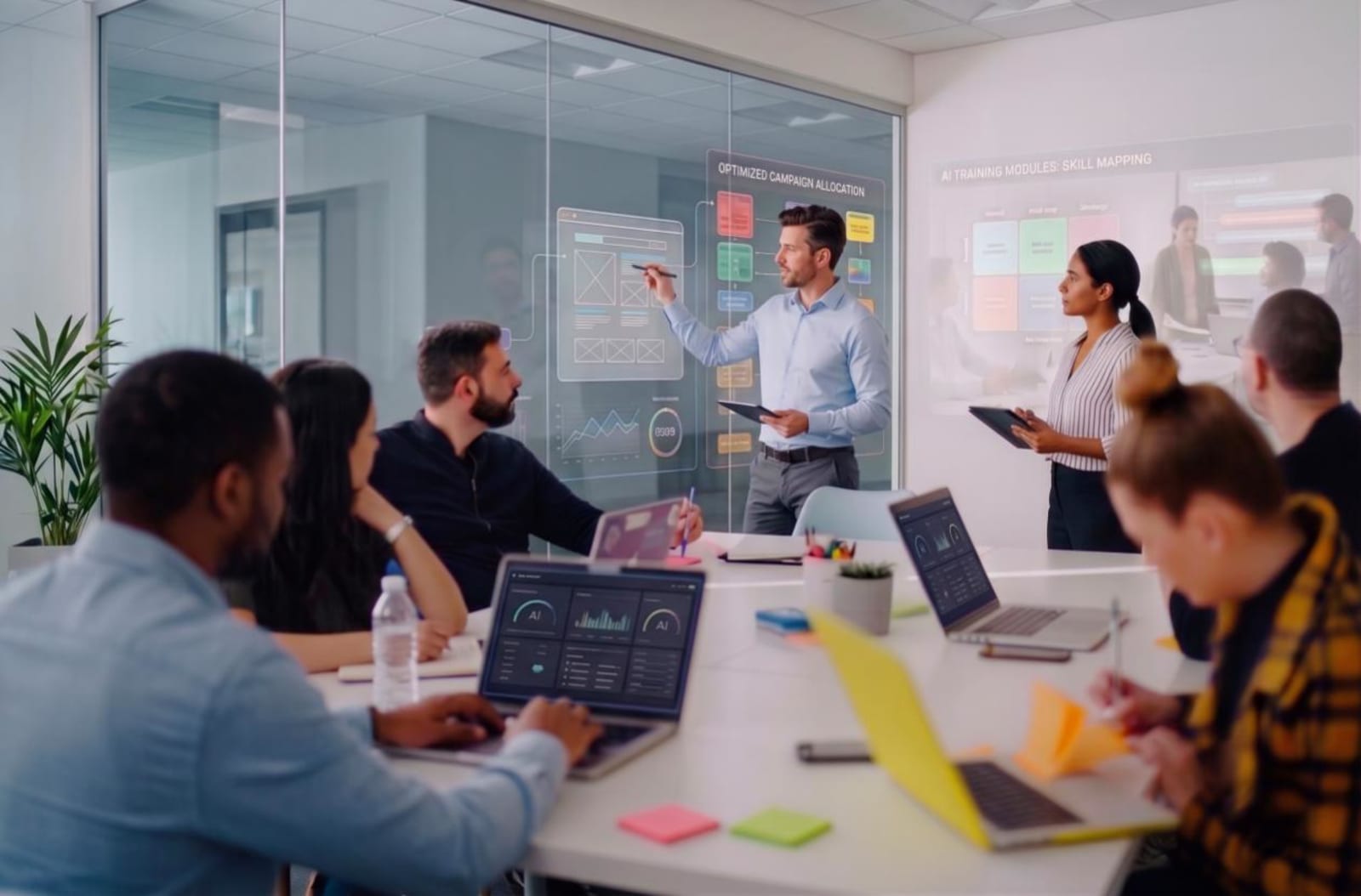 A consultant presenting AI campaign dashboards and skill-mapping modules to a team working on laptops in a bright meeting room